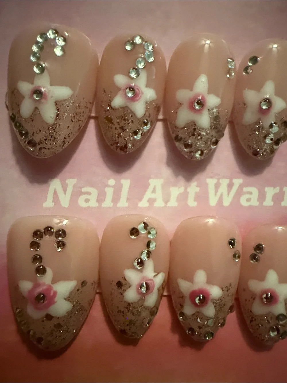 Pink Floral Rhinestone handmade acrylic Press-On Nails
